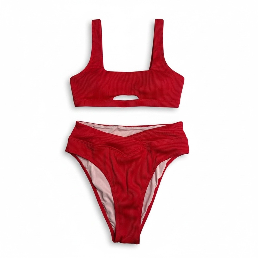Cupshe NWT Red Ribbed Square Keyhole Bikini Top Crossover High Cut Leg Set Large